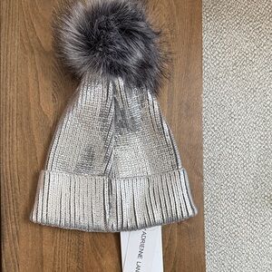 Adrienne Landau Metallic Silver Kids Beanie with Pom-Pom